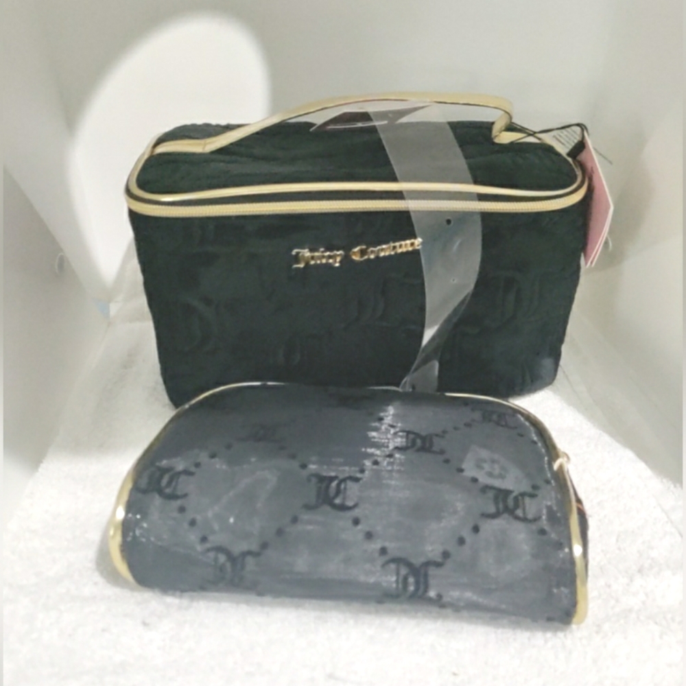 JUICY COUTURE Black W/Gold Trim 2 Piece Set TRAVEL COSMETIC MAKEUP BAG Vacation